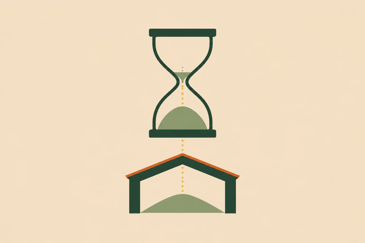 An hourglass pouring golden sand into the shape of a house, representing the way time shapes the life we are building