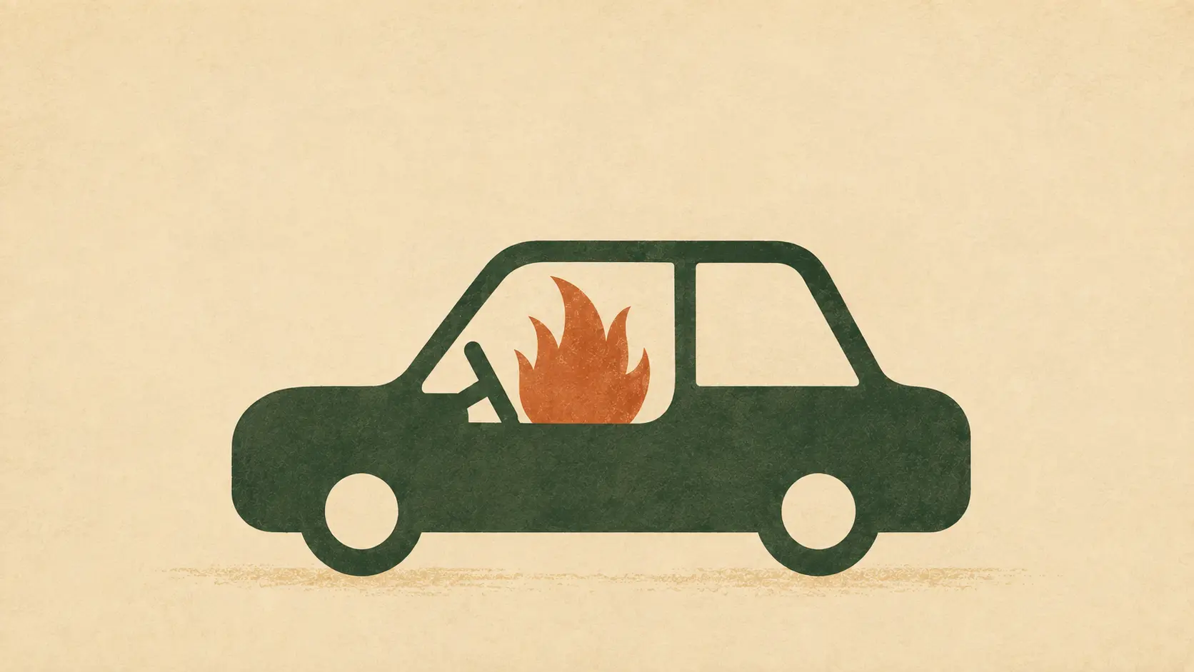 A car silhouette with flames rising from the driver's seat