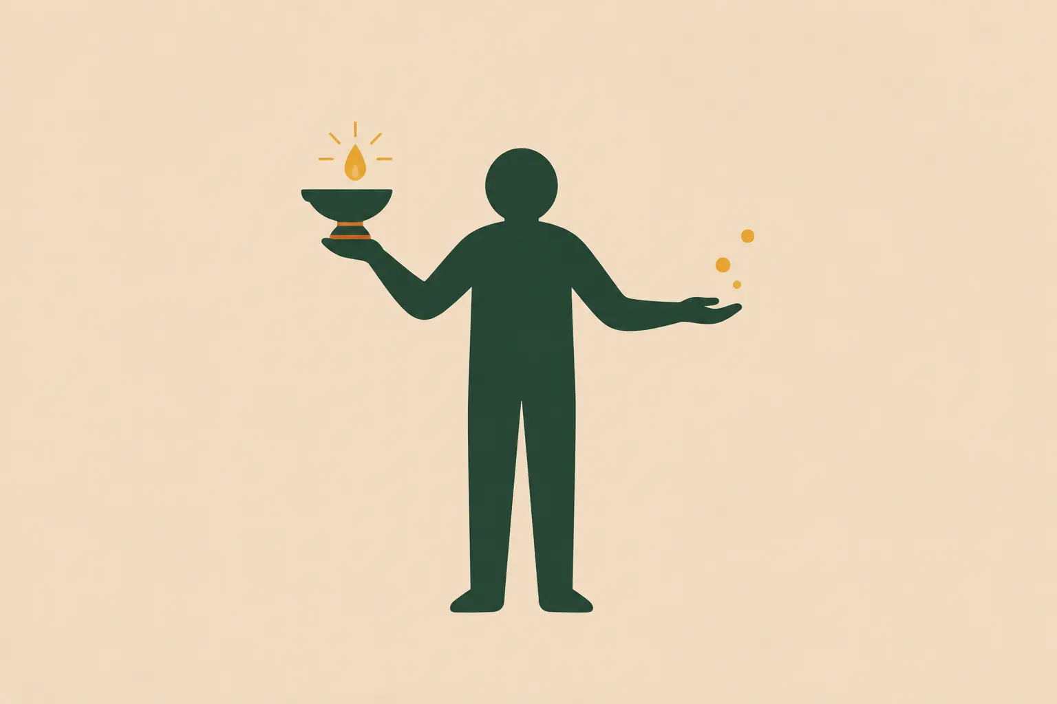 A figure holding a burning lamp in one hand and offering gold coins with the other, representing wisdom embodied in a life of generous faithfulness