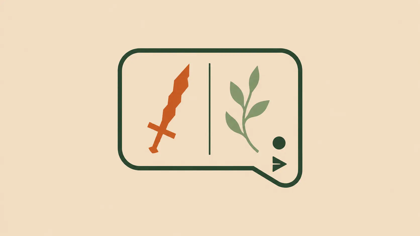 A speech bubble holding a sword and an olive branch, representing the power of words to wound or heal