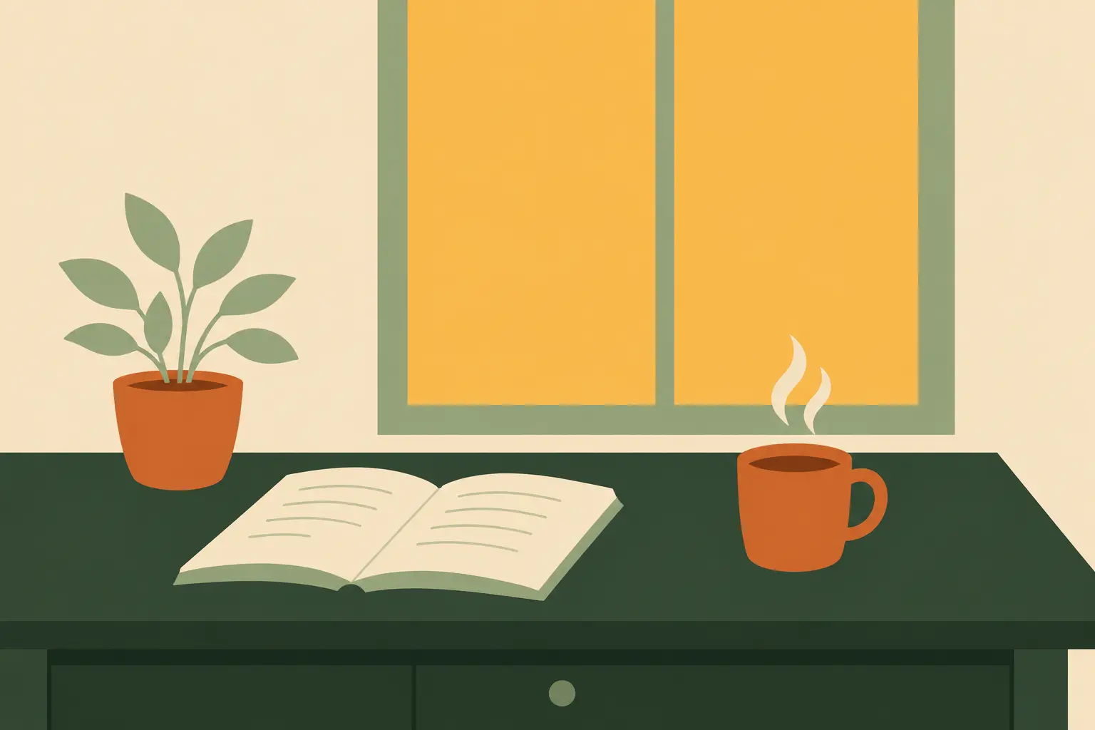 An open book, a plant and a warm cup on a quiet desk beside a sunlit window
