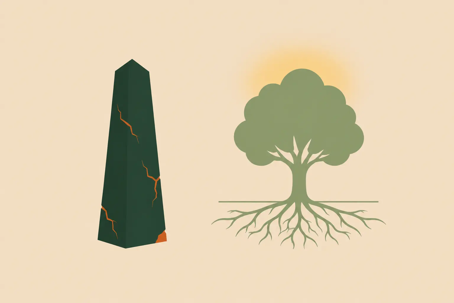 A cracked dark monument beside a flourishing sage tree with deep roots, representing the difference between a temporary reputation and a lasting legacy
