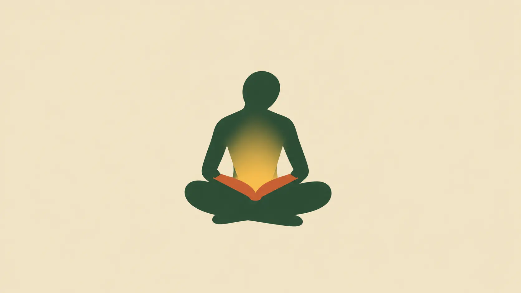 A seated figure reading an open book lit with warm light