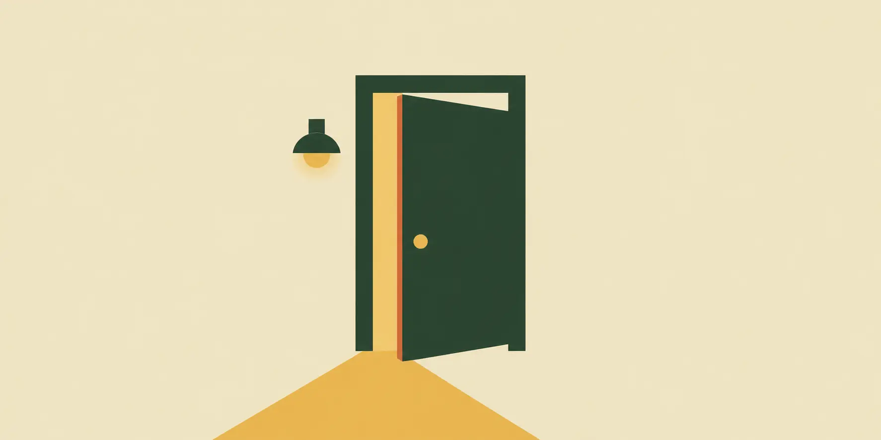 An open door with a lamp beside it, light spilling onto the path