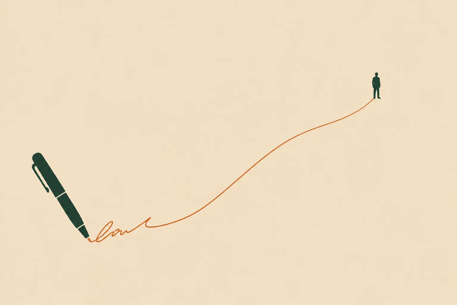 A pen writing a line that becomes a winding path with a solitary figure standing at its end, representing how debt writes a path into our future