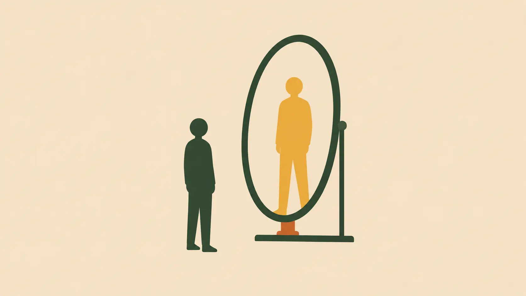 A person standing before a mirror, the reflection a different colour