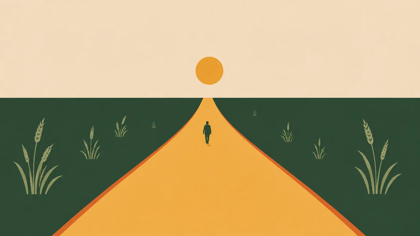 A single figure walking a golden path toward the morning sun