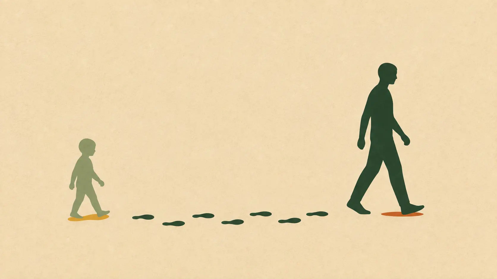A small child and an adult walking in the same direction, connected by a trail of footprints, representing how family shapes the way we walk through life