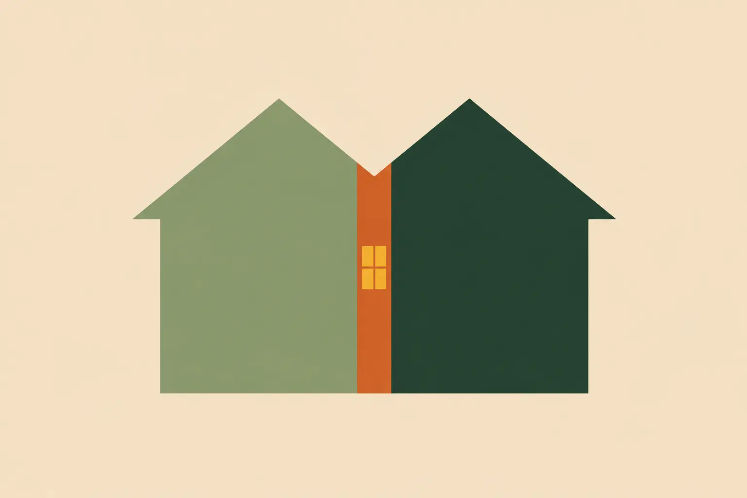 Two houses joined side by side, one sage green and one deep green, sharing a warm ochre wall with a small golden window, representing the quiet covenant of neighbourliness