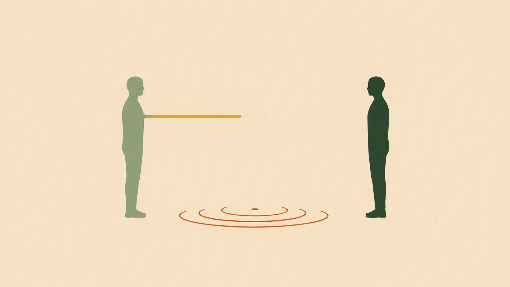 Two figures facing each other across gentle ripples, one offering a soft path toward the other, representing peacemaking in conflict