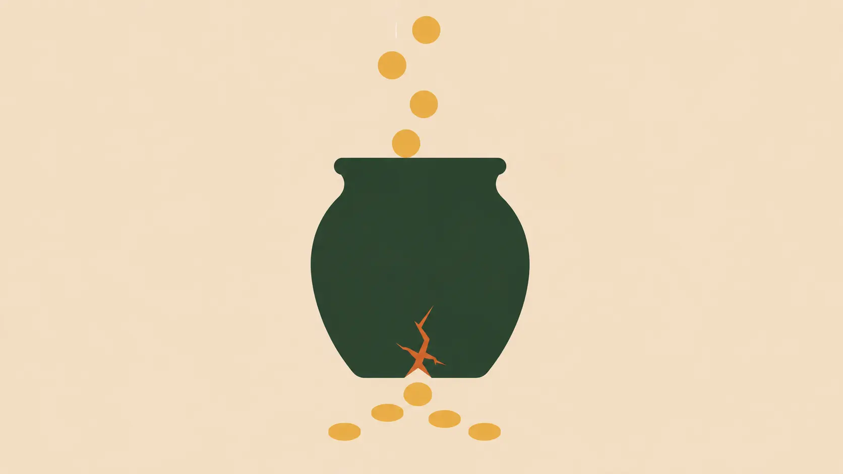 A cracked jar with gold coins spilling out, suggesting greed's quiet cost