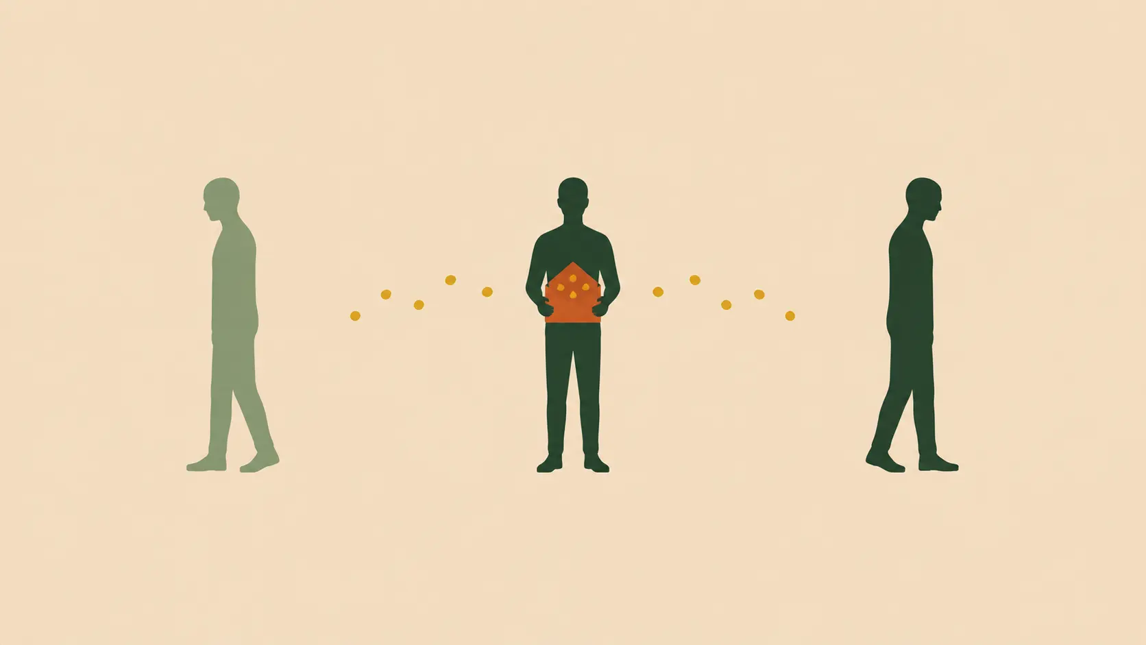 Three figures in a line, the central one holding gathered pieces while golden dots connect across the space, representing the weight of what we carry and share about others