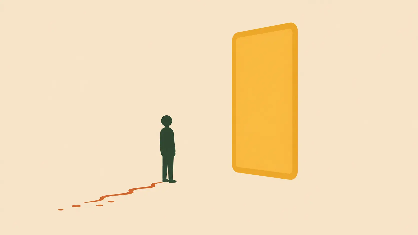 A lone figure standing before a tall glowing golden door, a trail of footprints behind them