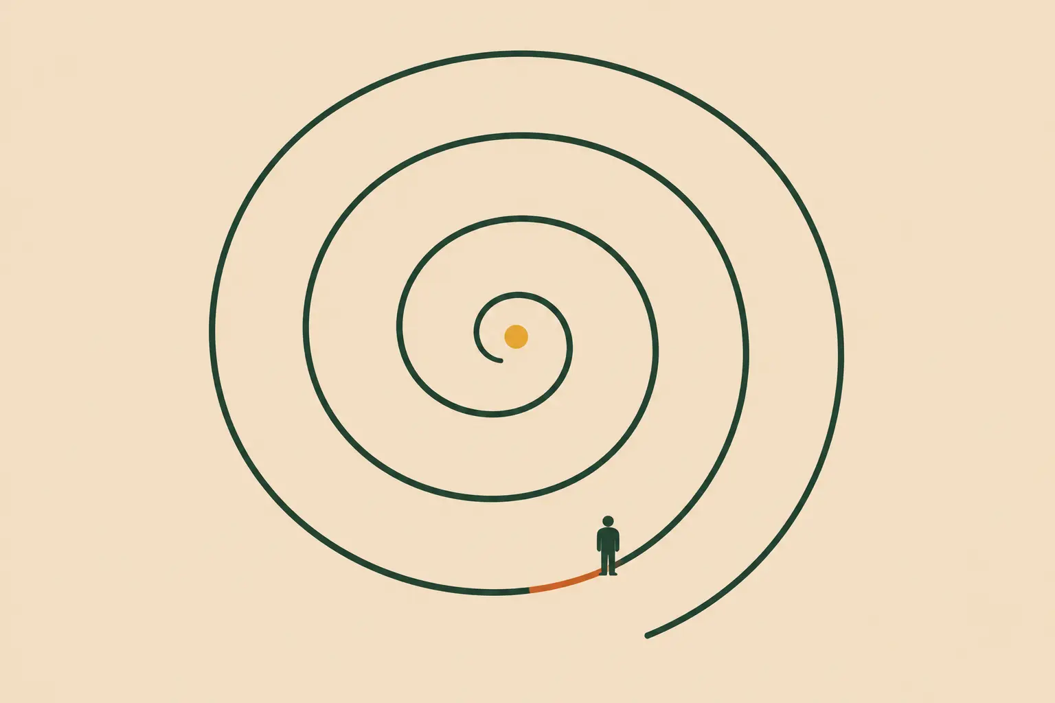 A small figure standing at the start of a vast spiral path leading toward a warm gold center, representing the journey back to where wisdom began