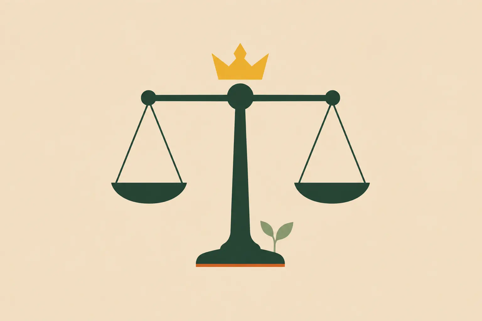 A balanced scale with a crown above it and a small green sprout growing nearby, representing righteous authority and leadership