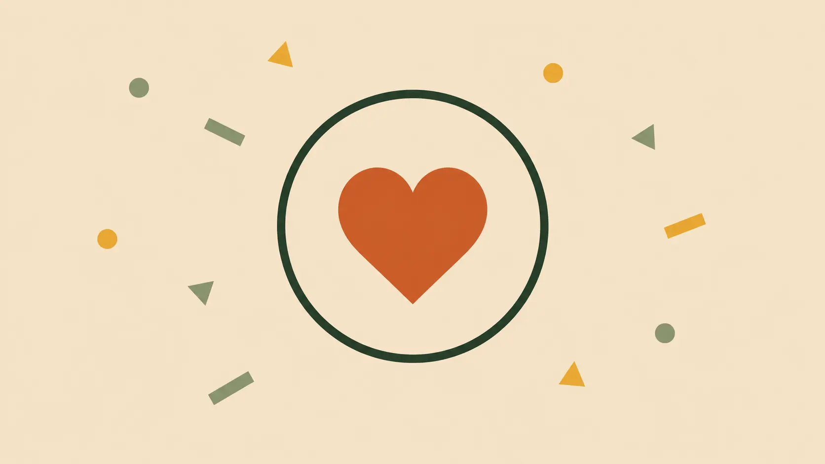 A heart held inside a circle, surrounded by scattered shapes