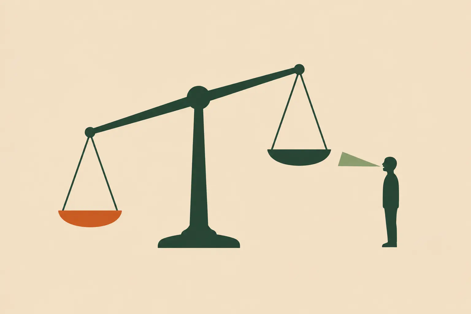 A set of scales tilted unfairly while a small figure looks on, representing justice and injustice in the world around us