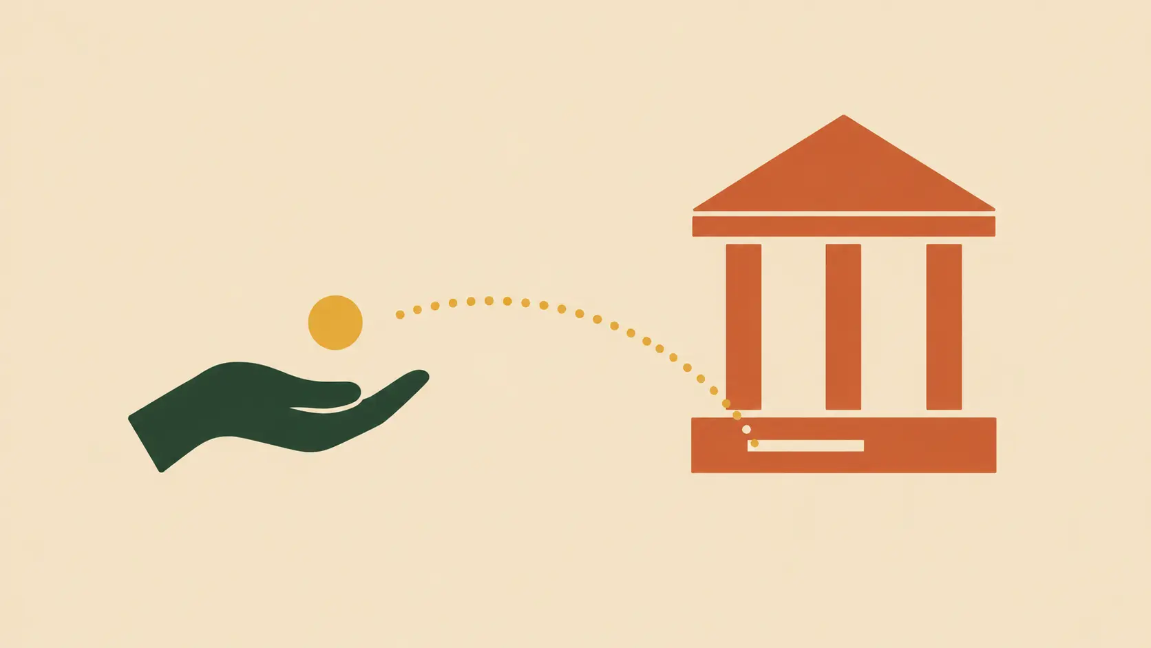 An open hand giving a golden coin toward a building