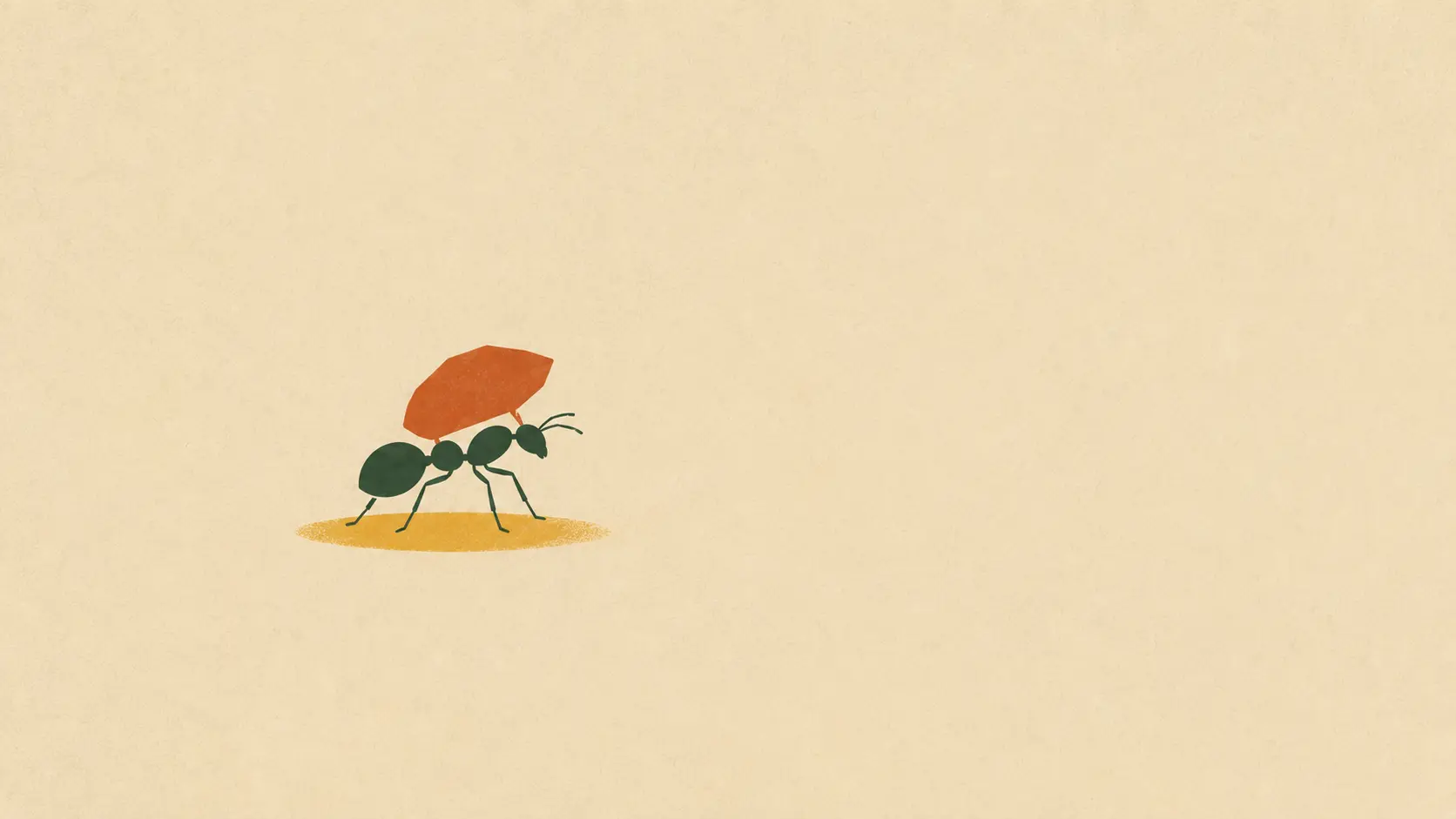 A small ant carrying a seed on its back, set against a warm beige background, representing diligence and preparation in the present moment