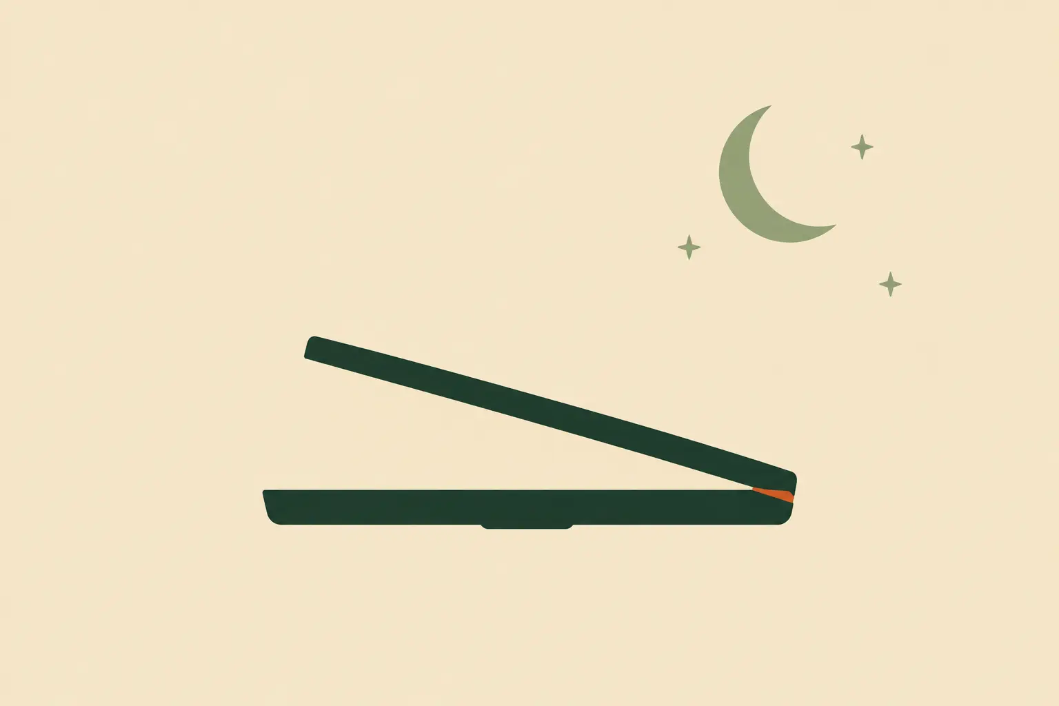 A laptop half-closed under a crescent moon and stars, representing the wisdom of stopping work and trusting the night to hold what is unfinished