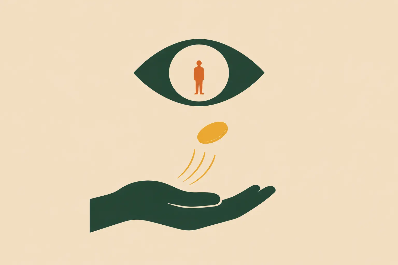 An open hand receiving a coin beneath an eye that sees a small figure, representing generosity, divine sight, and open-handed living