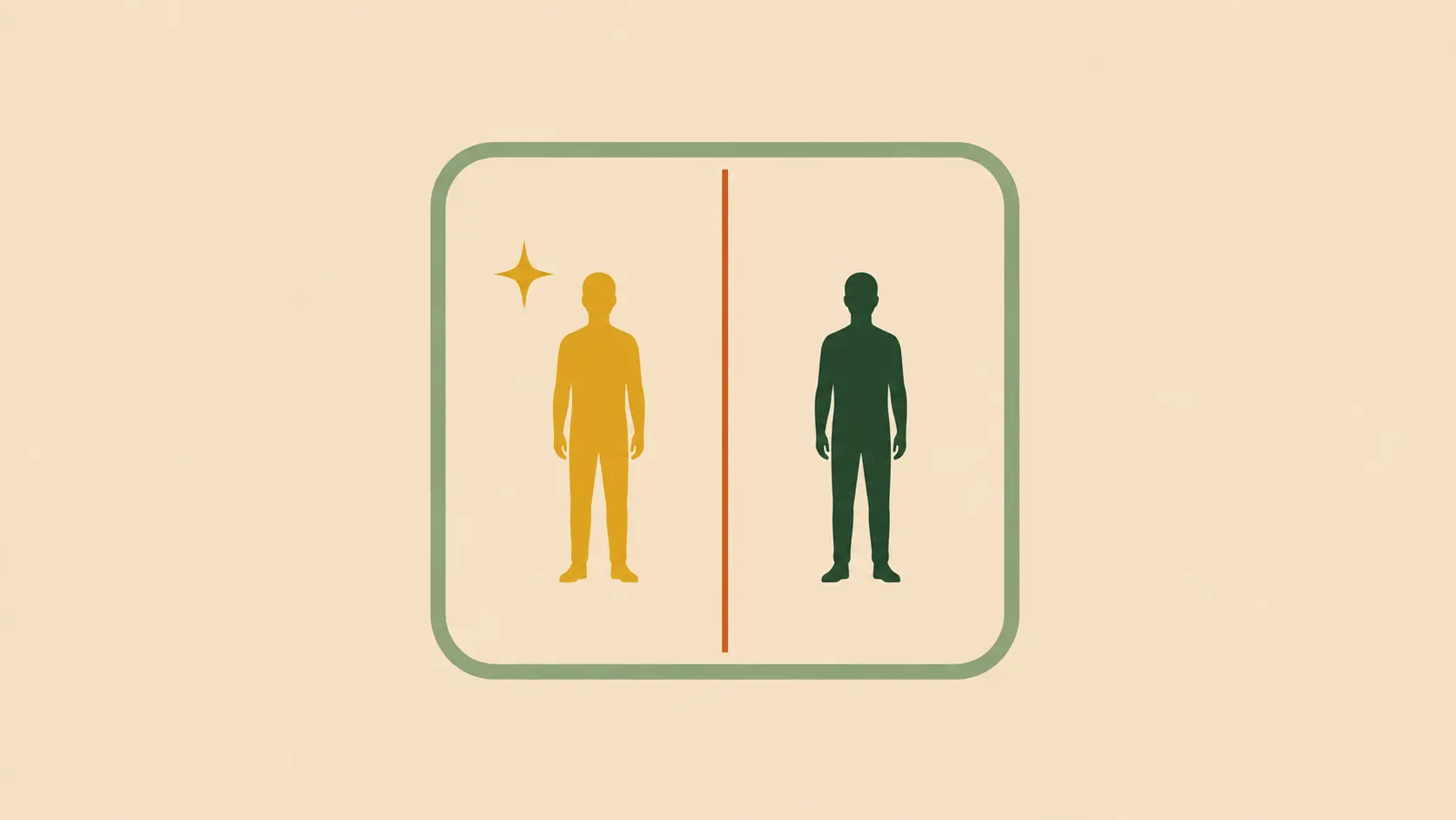 Two figures separated by a vertical line, one illuminated and one shadowed, representing honesty and filtered self-presentation