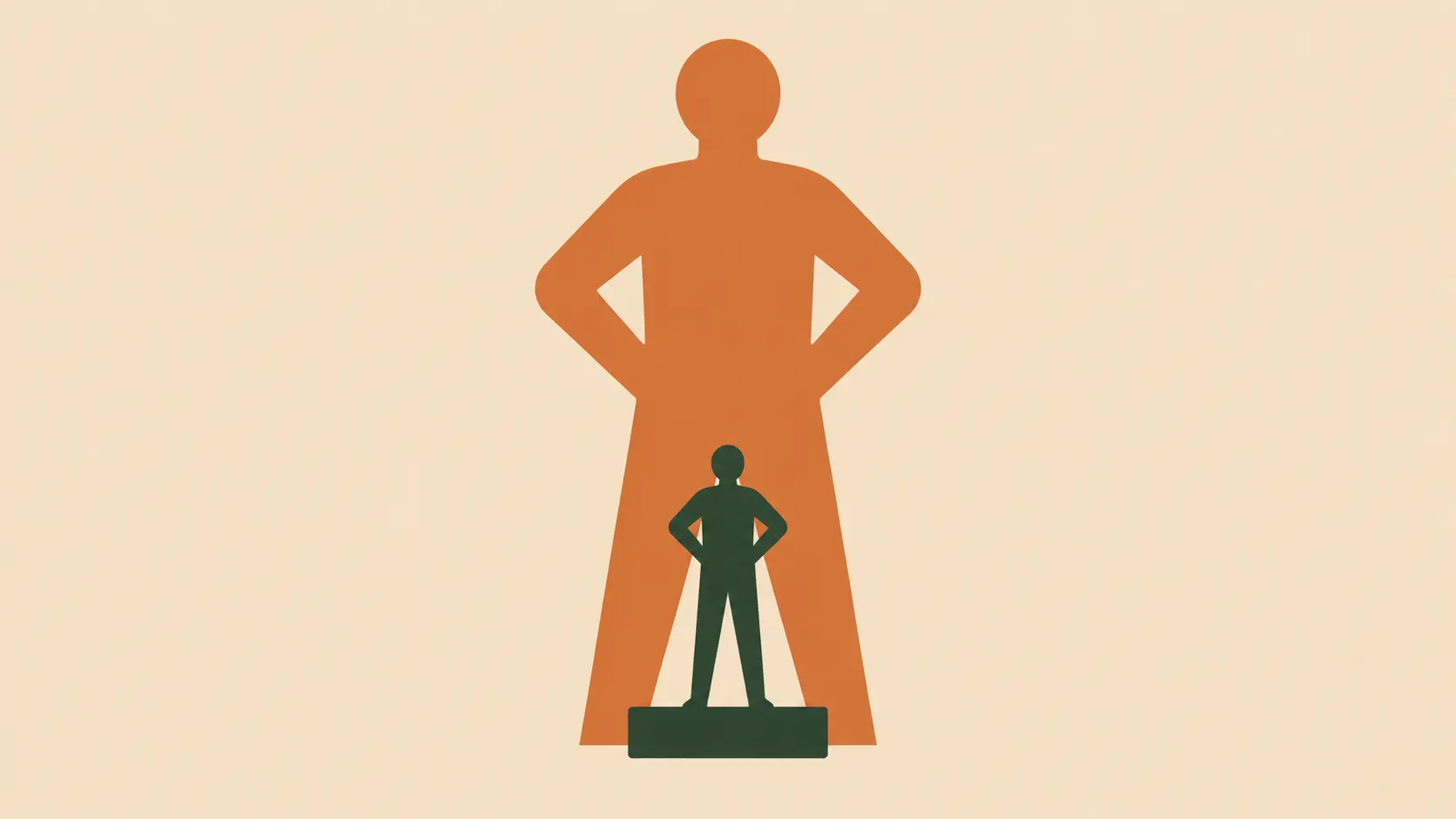A small figure standing before a much larger silhouette, hands on hips