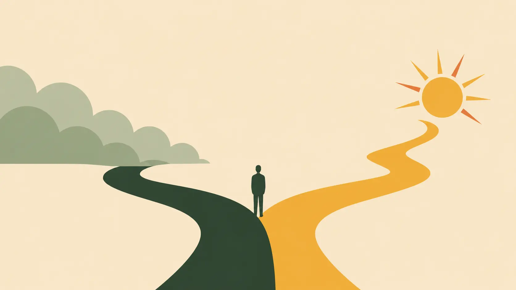 A lone figure standing where two paths divide, one toward clouds and one toward the sun