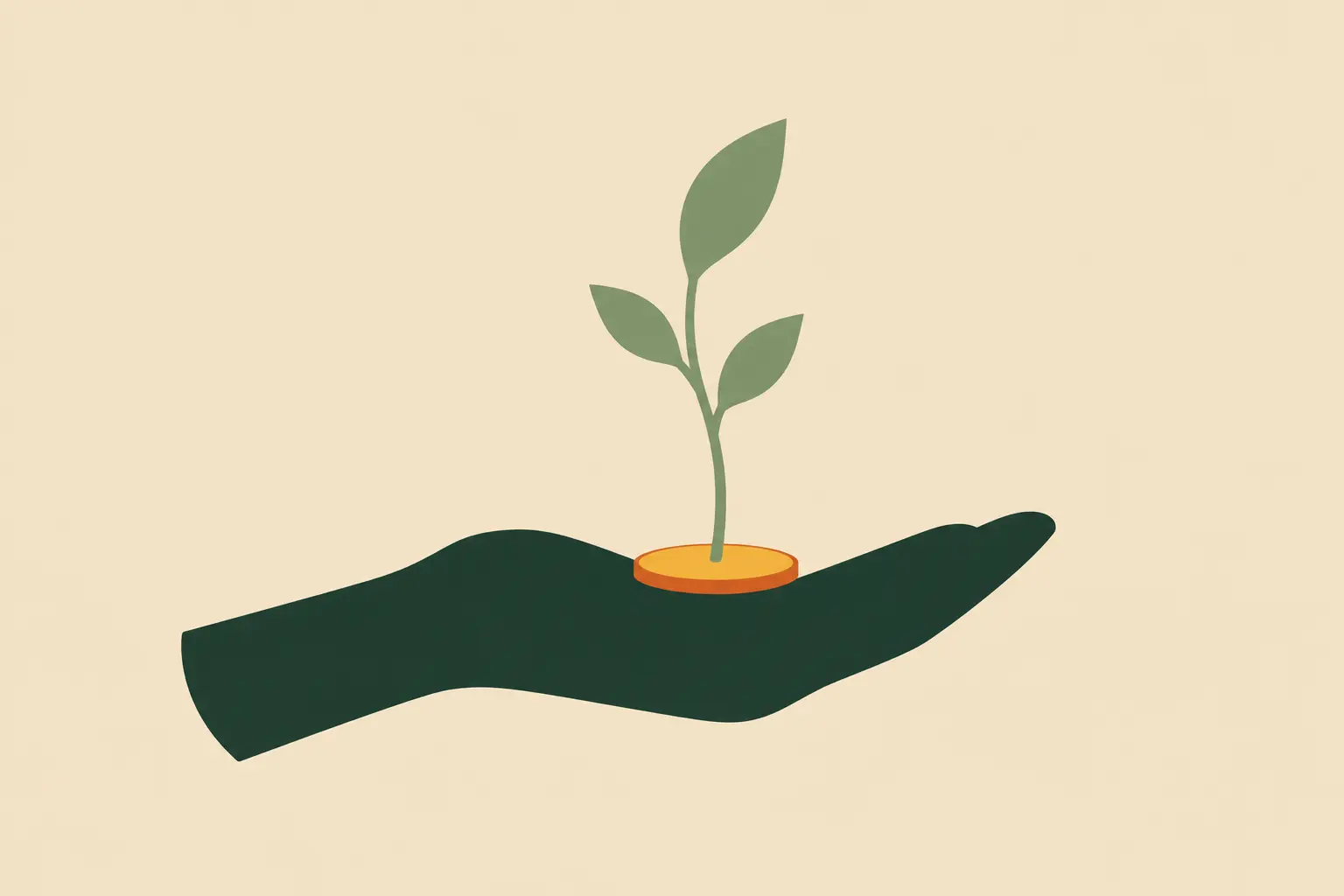 An open hand holding a coin from which a small green plant is growing, representing money used as a tool for life and flourishing
