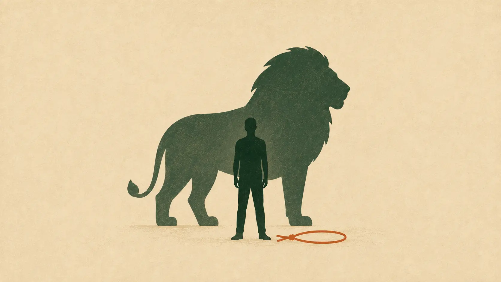 A person standing before a large lion silhouette with a small rope on the ground, evoking courage and the fear of man