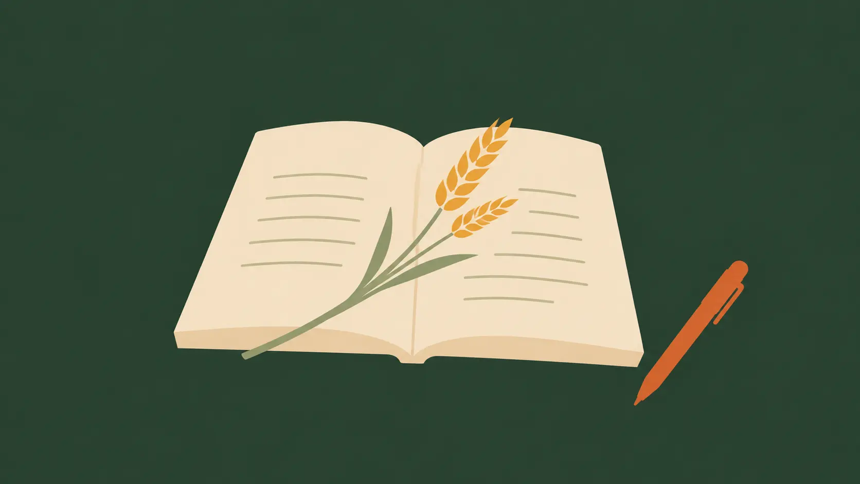 An open book with wheat stems resting across the pages