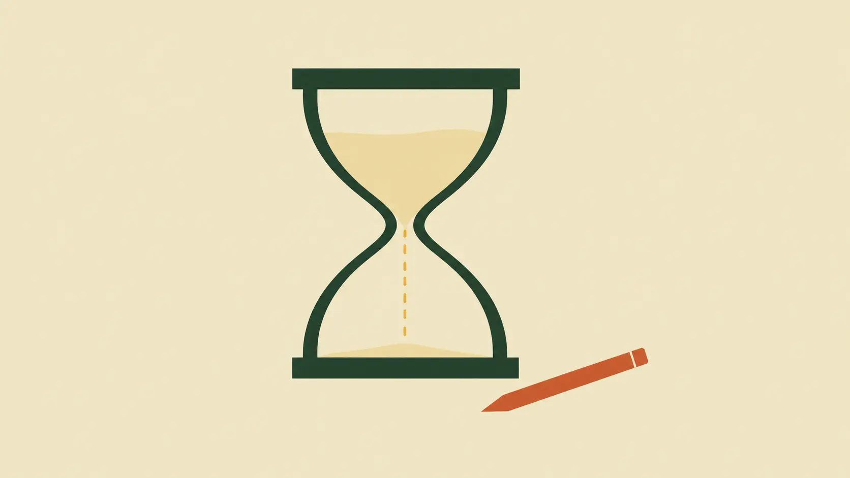 An hourglass with slowly falling sand beside a pencil