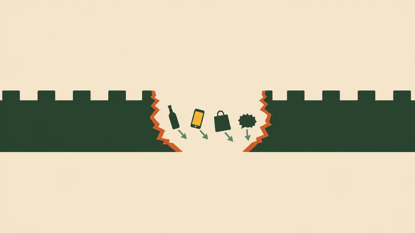 A broken city wall with objects slipping through, representing a spirit without self-rule