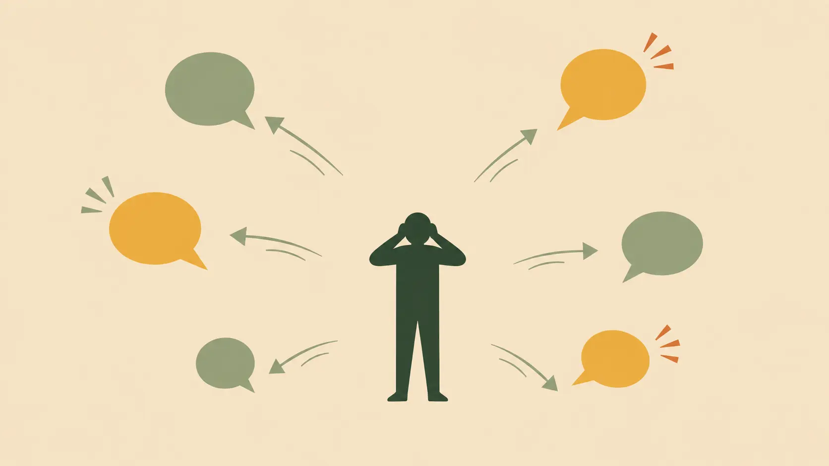 A figure covering their ears amid speech bubbles calling from every direction